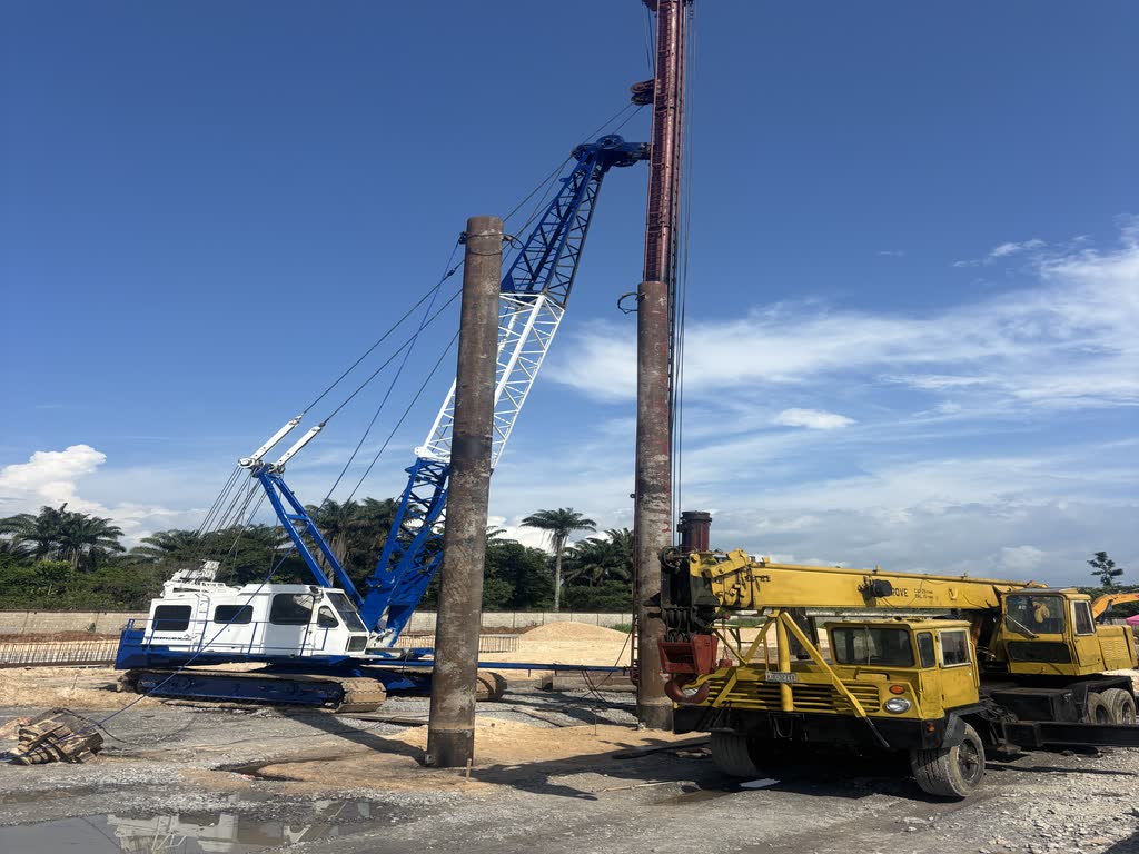 A blue crawler piling rig and a yellow service crane holding a steel pile vertical against a clear blue sky, palms on the horizon